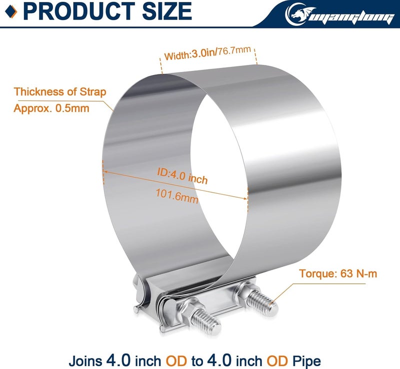 ouyanglong 4.0 Inch Exhaust Clamp, Butt Joint Band Clamp Stainless Steel Sleeve Coupler for Pipes,Mufflers,Catalytic Converters - 2 Pack - Image 2